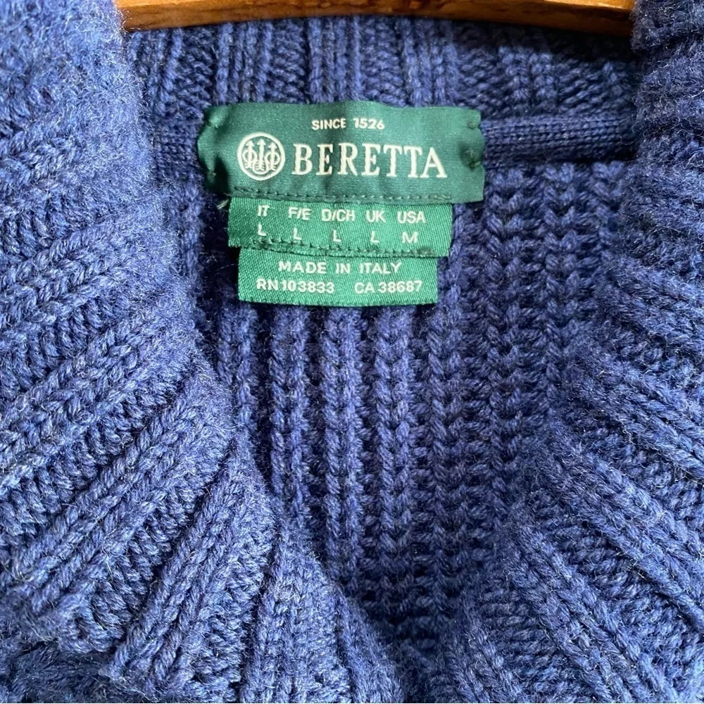 Beretta Sweater Men's Large Navy Blue Merino Wool Schawl Collar Made in Italy